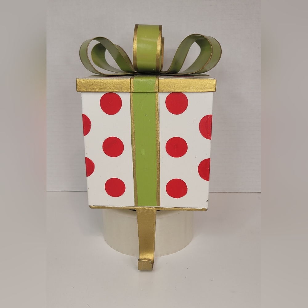 Ballard Designs Metal Christmas Gift Box Stocking Hanger / Holder Polka Dot